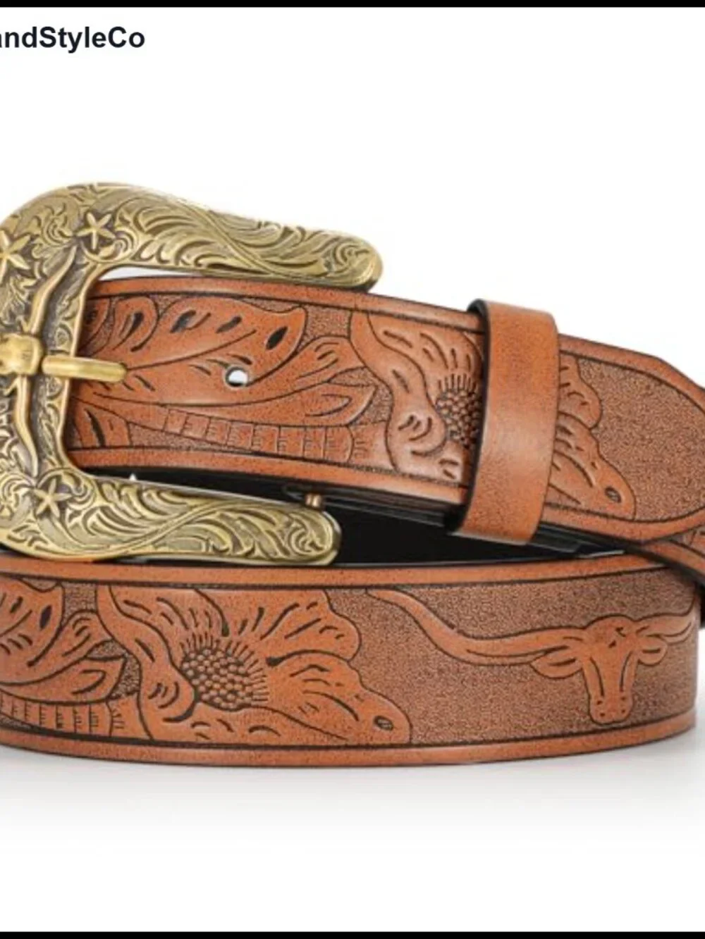 Faux Leather Western Belt Removable Longhorn Bull Buckle Cowgirl Country Floral